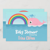 ベビーシャワー-かわいいベビーピンククジラと虹 招待状 (正面/裏面)