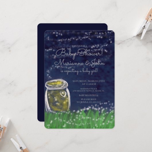 ベビーシャワー かわいいホタルの風景 星の招待状 招待状 (正面/裏面インサイチュ)