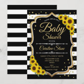 ベビーシャワー - ひまわり ブラック ホワイト ストライプ 招待状 (正面/裏面)