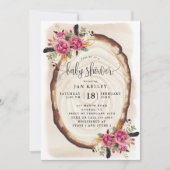 ベビーシャワー ウッドスライス ピンクフラワー 招待状 (正面)
