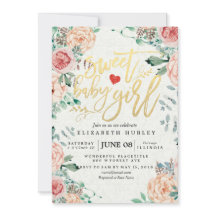 ベビーシャワー エレガント ウォーターカラー フラワーズ ゴールド スクリプト