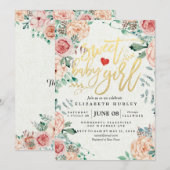 ベビーシャワー エレガント ウォーターカラー フラワーズ ゴールド スクリプト 招待状 (正面/裏面)