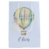 ベビーシャワー、カラフル水色のホットエアバルーン ミディアムペーパーバッグ (裏面)