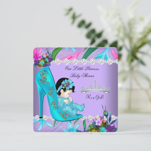 ベビーシャワー ガール ティール パープル フラワー シューズ 招待状 (スタンド正面)