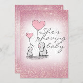ベビーシャワー ガール ピンク グリッター 象 招待状 (正面/裏面)
