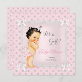 ベビーシャワー ガール ピンク グレー 水玉模様 黒髪 招待状 (正面/裏面)