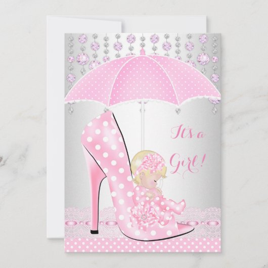 ベビーシャワー ガール ピンク ベビーシューズ ダイヤモンド A2 招待状 (正面)