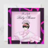 ベビーシャワー ガール ホットピンク ブラック ティアラ 招待状 (正面)