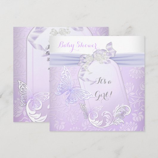 ベビーシャワー ガール ホワイト ライラック プリンセス バタフライ 2 招待状 (正面/裏面)