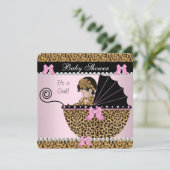 ベビーシャワー キュートな赤ちゃん女の子 ピンク ヒョウ柄 リボン2 招待状 (スタンド正面)