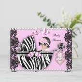 ベビーシャワー キュート 赤ちゃん 女の子 ピンク ゼブラ 乳母車 2 招待状 (スタンド正面)