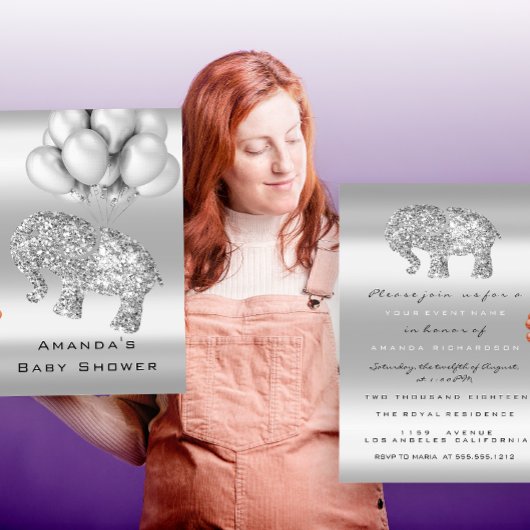 ベビーシャワー グレー風船 象ちゃん 女の子 男の子 シルバー 招待状