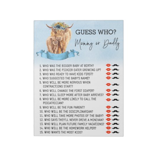 ベビーシャワー・ゲス・フー・ゲーム ハイランド・カウ 青 ノートパッド (回転)