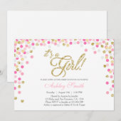 ベビーシャワー コンフェッティ ピンク ゴールド グリッター インビテーション (正面/裏面)