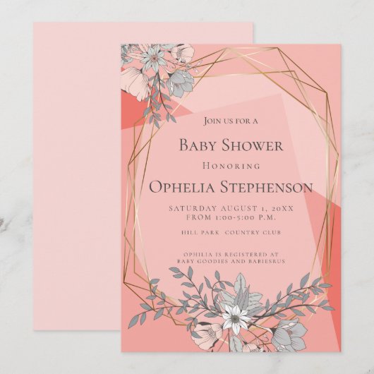 ベビーシャワー コーラル フラワージオメトリック ゴールドフレーム 招待状 (正面/裏面)