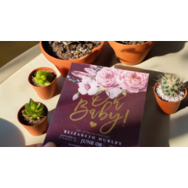 ベビーシャワー シック ボヘミア フラワー フェザー バーガンディ レッド 招待状