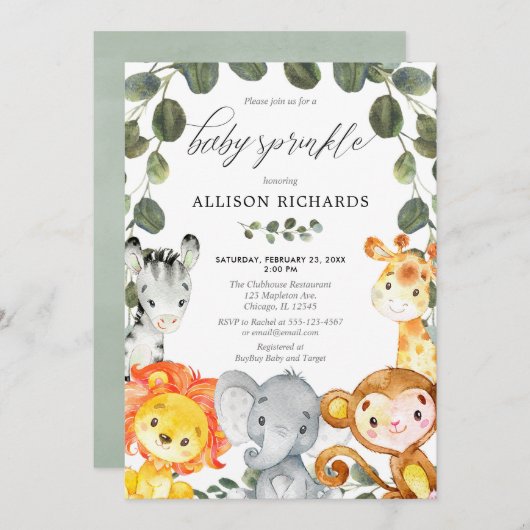 ベビーシャワー シンプル動物 グリーン 招待状 (正面/裏面)