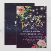 ベビーシャワー スイート リトル ツインズ フローラル パープル ライト 招待状 (正面/裏面)