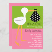 ベビーシャワー-ストーク(水玉模様束付) 招待状 (正面/裏面)