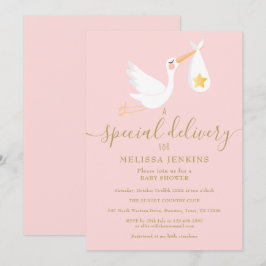 ベビーシャワー スプリンクル スペシャルデリバリー ストーク ピンク 招待状