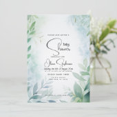 ベビーシャワー - ダスティーブルーの葉のQRコード付き 招待状 (スタンド正面)