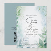 ベビーシャワー - ダスティーブルーの葉のQRコード付き 招待状 (正面/裏面)