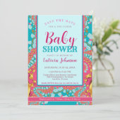 ベビーシャワー・ティール（緑がかった色）ブルー&ピンクモダン抽象芸術 招待状 (スタンド正面)