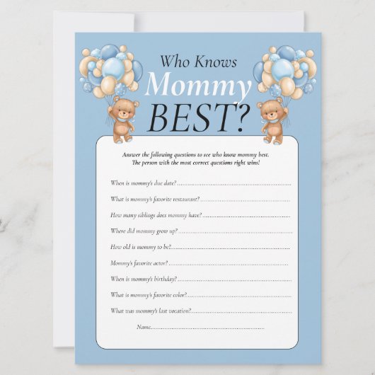 ベビーシャワー。テディバルーン 男の子  ママのことがわかるかな？ 招待状 (正面)