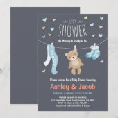 ベビーシャワー テディベア 招待状 青い少年シャワー (正面/裏面)