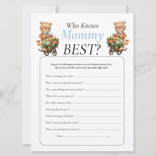 ベビーシャワー テディ フラワーボーイ 誰がママを知っているのか 招待状 (正面)