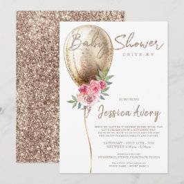ベビーシャワー ドライブ バイ ラグジュアリー ベージュ バルーン グリッター 招待状