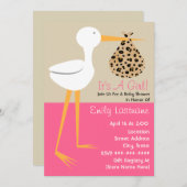 ベビーシャワー-ヒョウのプリントの束を持つこうのとり 招待状 (正面/裏面)