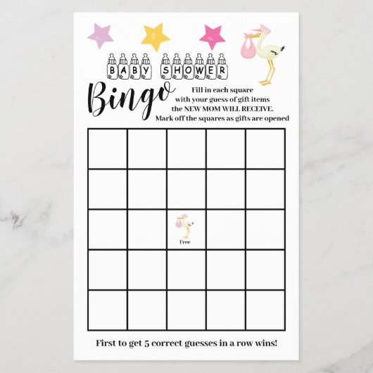 ベビーシャワー ビンゴ ピンク ストーク 女の子 ゲーム カード (正面)