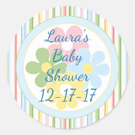 ベビーシャワー「ピクニストライプックフローラ1 1/2」または3" ラウンドシール (正面)