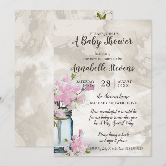 ベビーシャワー ピンクのスイートピー ヴィンテージマソンジャー 招待状 (正面/裏面)