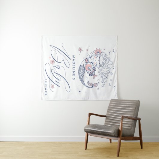 ベビーシャワー | ピンクの小さな女の子の人魚のタペストリー タペストリー (インサイチュ(横))