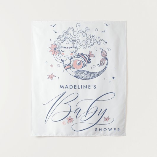 ベビーシャワー | ピンクの小さな女の子の人魚のタペストリー タペストリー (正面)