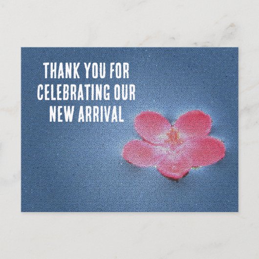 ベビーシャワー ピンクの花 青い水 ゲスト 感謝 ポストカード (正面)