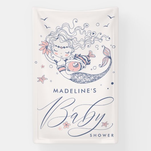 ベビーシャワー |ピンク小さな女の子マーメイドバナー 横断幕 (縦)