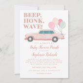 ベビーシャワー·ピンク·ビンテージ·カーで運転する少女 招待状 (正面)