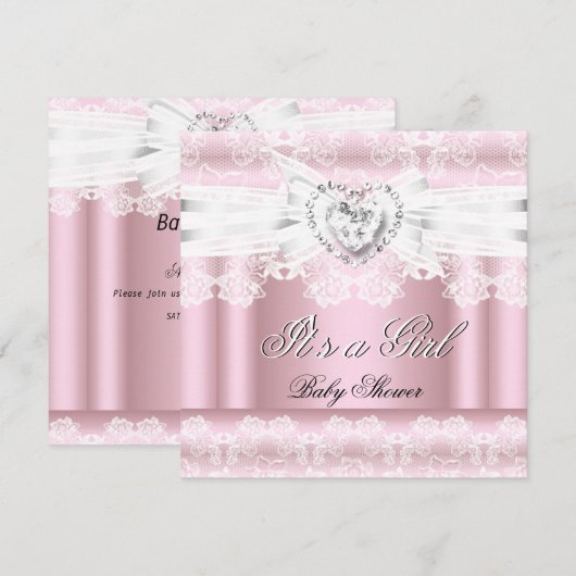 ベビーシャワー ピンク 白 ラックレース ボウ ダイヤモンド 画像 招待状 (正面/裏面)
