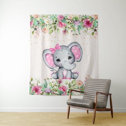 ベビーシャワー ピンク 花柄 象 ベビーシャワー タペストリー (インサイチュ)