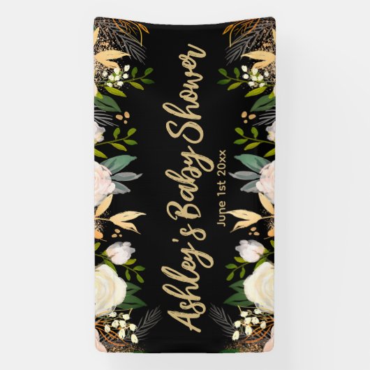 ベビーシャワー フォトブース 背景 花 黒 ゴールド 横断幕 (縦)