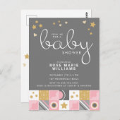 ベビーシャワー |ベビーピンクの月と星のはがき ポストカード (正面/裏面)