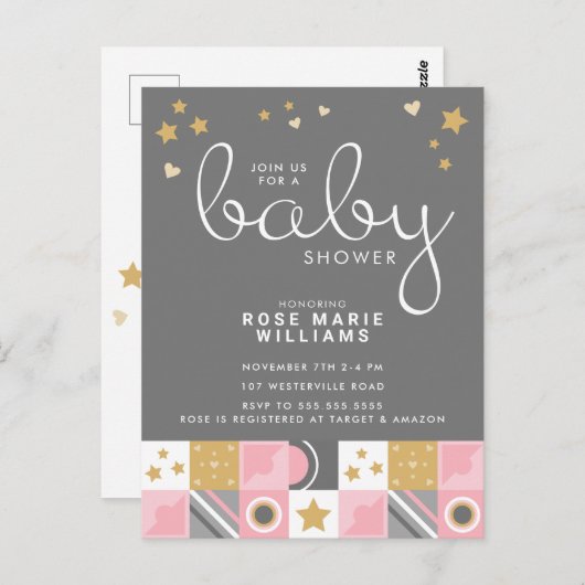 ベビーシャワー |ベビーピンクの月と星のはがき ポストカード (正面/裏面)