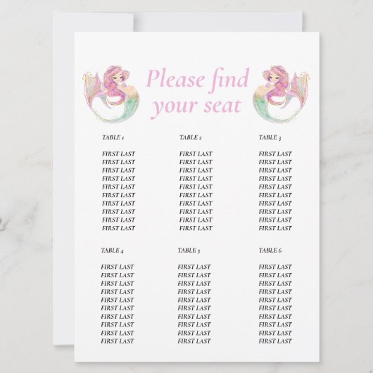 ベビーシャワー マーメイド ピンク テーブルチャート 招待状 (正面)