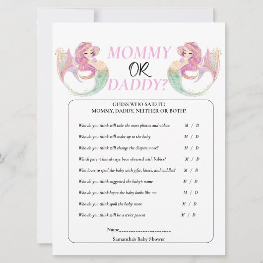 ベビーシャワー マーメイド 海の中の女の子。 招待状 (正面)