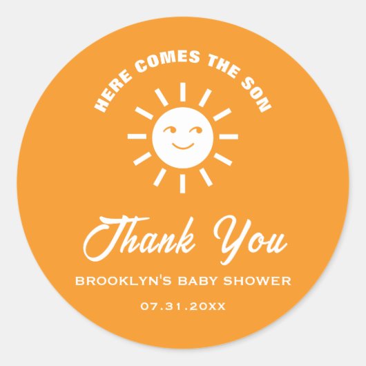 ベビーシャワー 太陽がやってくる オレンジと白 ラウンドシール (正面)