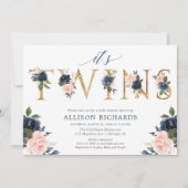 ベビーシャワー、女の子の男の子の双生児のピンクの青の花柄を結び付けます 招待状 (正面)