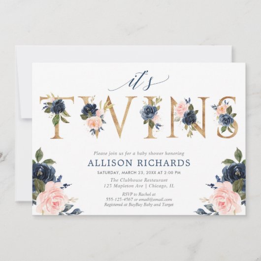 ベビーシャワー、女の子の男の子の双生児のピンクの青の花柄を結び付けます 招待状 (正面)